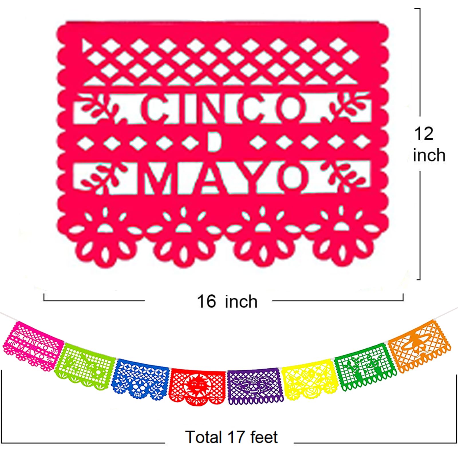 KUCHERI 5 Packs 85Ft Mexican Party Banners, Mexican Themed Party Decorations, Plastic Papel Picado Banner, For Fiesta Party Decorations, Cino de Mayo, Day of The Dead, 85 Feet Long Total