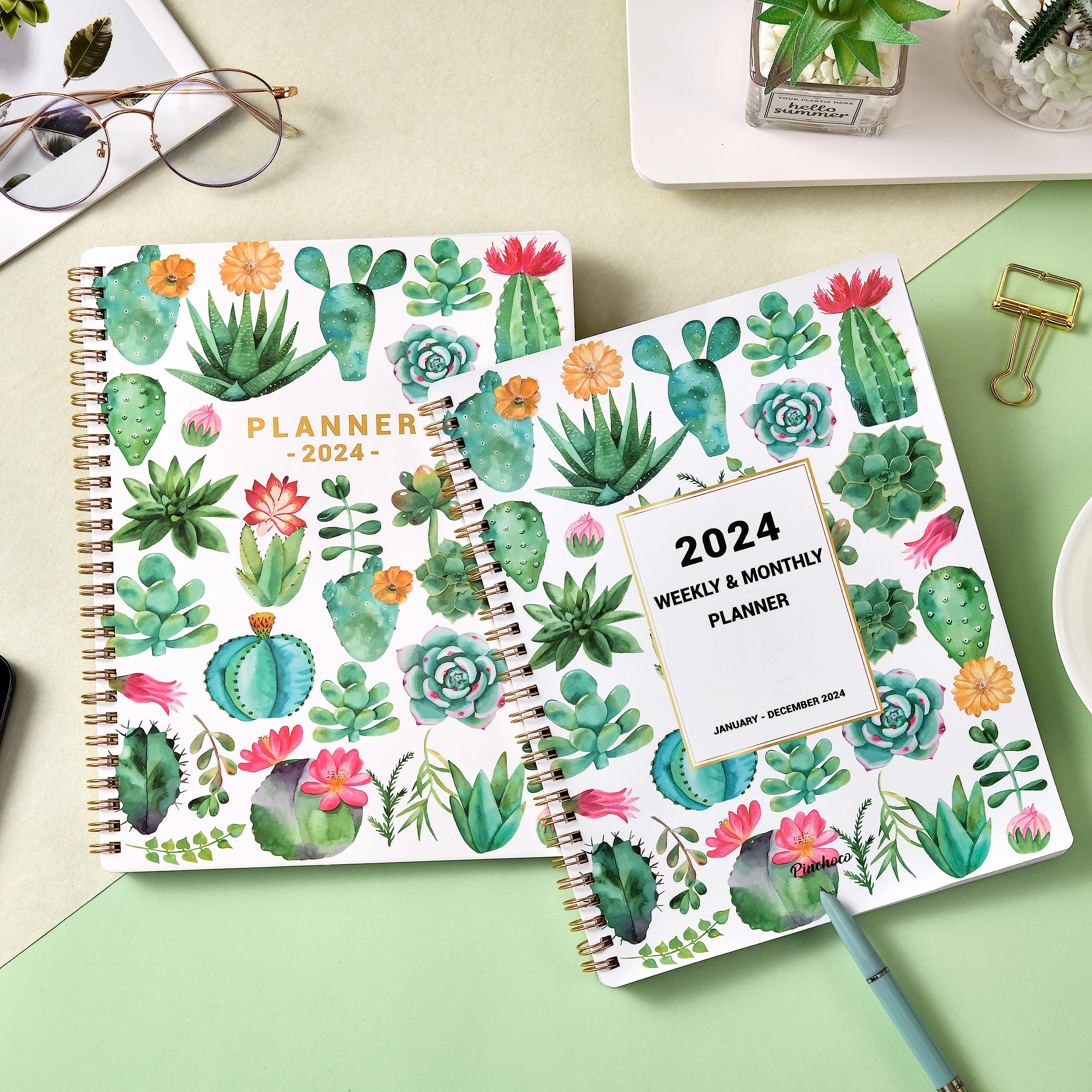 2024 Planner - Planner/Calendar 2024, Jan. 2024 - Dec. 2024, 2024 Planner Weekly and Monthly with Printed Tabs, 8" x 10", Flexible Cover with Back Pocket + Thick Paper + Twin-Wire Binding - Succulent