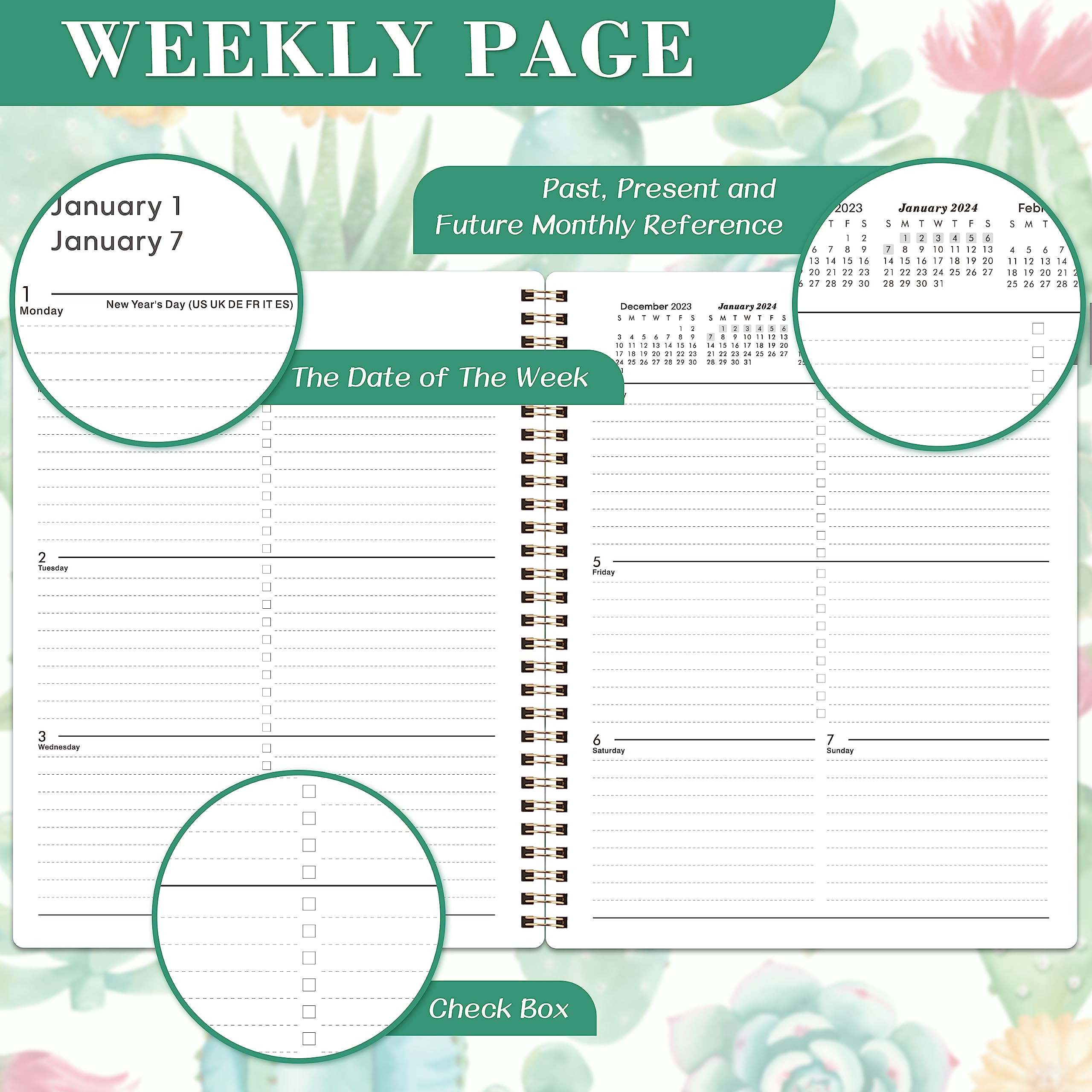 2024 Planner - Planner/Calendar 2024, Jan. 2024 - Dec. 2024, 2024 Planner Weekly and Monthly with Printed Tabs, 8" x 10", Flexible Cover with Back Pocket + Thick Paper + Twin-Wire Binding - Succulent