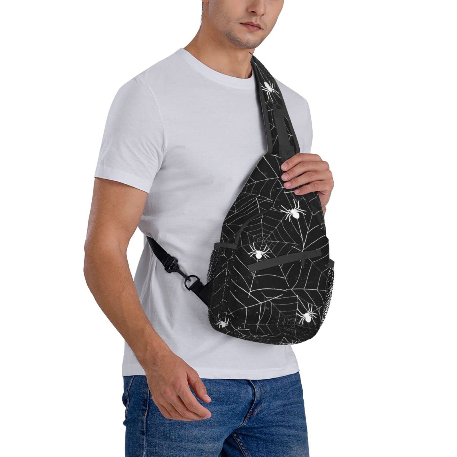 SURERUIM Spider Web Sling Bag Crossbody Shoulder Backpack Seamless Pattern with Spiderwebs Black and White Grunge Background Chest Bag Abstract Rough Urban Style Travel Hiking Daypack