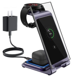 3 in 1 wireless charging station, lekoye aluminum alloy wireless charger for samsung s23 s22 s21/z flip/z fold, fast wireless charging stand for multiple devices galaxy watch & galaxy buds - gray