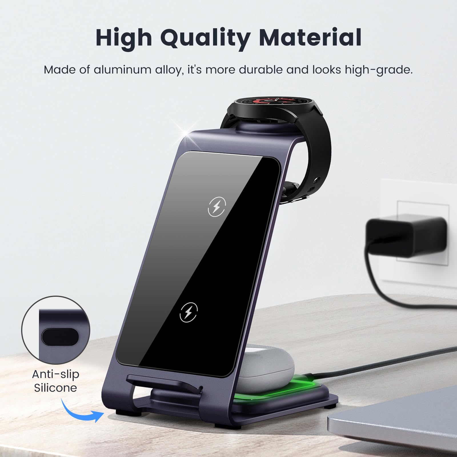 3 in 1 Wireless Charging Station, LEKOYE Aluminum Alloy Wireless Charger for Samsung S23 S22 S21/Z Flip/Z Fold, Fast Wireless Charging Stand for Multiple Devices Galaxy Watch & Galaxy Buds - Gray