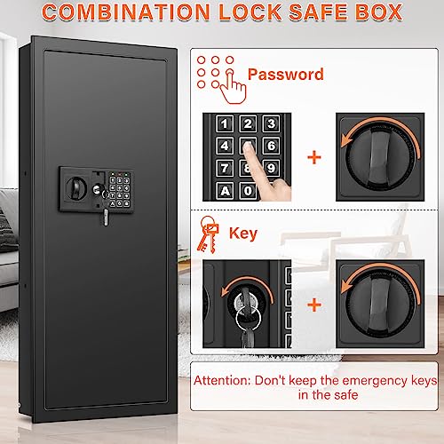 33.46" Tall Fireproof Wall Safes Between the Studs 16" Centers, Electronic Hidden Safe with Removable Shelf, Home Safe for Firearms, Money, Jewelry, Passport