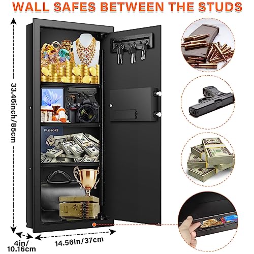 33.46" Tall Fireproof Wall Safes Between the Studs 16" Centers, Electronic Hidden Safe with Removable Shelf, Home Safe for Firearms, Money, Jewelry, Passport