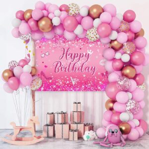 Avezano Hot Pink Birthday Party Decorations, Red Pink Confetti Foil Balloons Garland Arch Kit, 65Pcs Sweet Pink Glitter Birthday Party Supplies, Birthday Photo Backdrop Banner for Girl Women (65 Pcs)