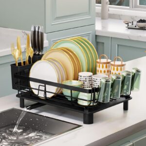 lyellfe dish drying rack, rust-proof dish drainer with drainboard utensil cup holder, black iron dish rack and drainboard set for kitchen counter, over the sink