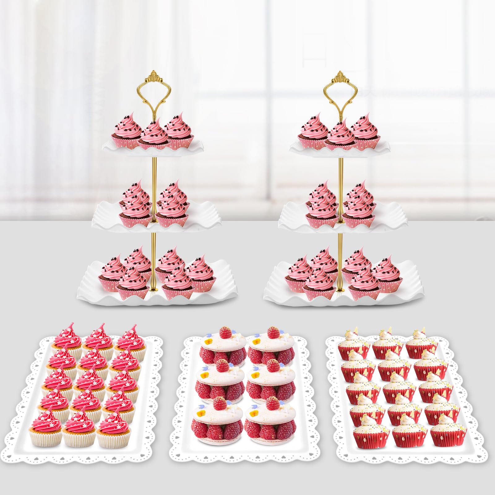 PinCute 5 Pcs Dessert Table Display Set - 2 X Cupcake Stand Holder/Cup Cake Tier Tower & 3 X Serving Tray Combo for Tea Party, Birthday, Baby Shower (Wave Square)