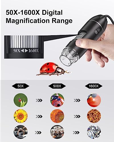 Digital Microscope Camera, Aopick Handheld USB 1440P HD Inspection Camera 50x-1600x Magnification Portable Handheld Pocket Microscopes with 8 LED & Stand, Compatible with iPhone, Android