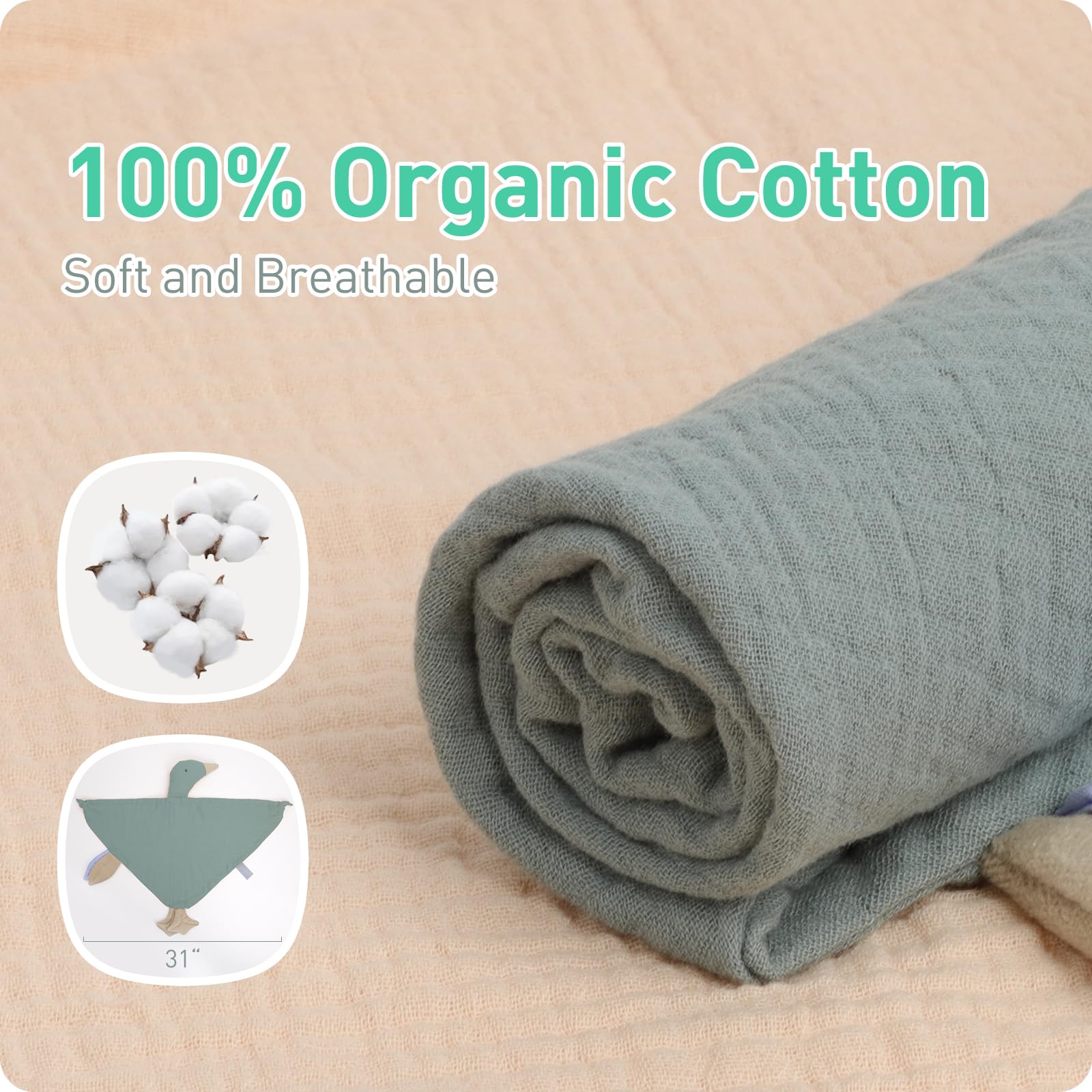 Knirose Organic Cotton Goose Loveys Soft Breathable Newborn Security Blanket with Tags, for Baby Boy Girl, Neutral Muslin Fabric for Comfortable Sleep & Play, Ideal for Newborns, Toddlers