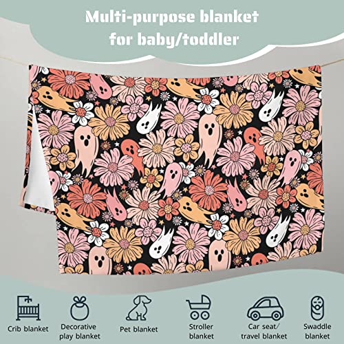 HawSkgFub Halloween Pink Floral Ghost Baby Blanket for Girls Gift Black, Fall Holiday Flower Flannel Fleece Nursery Bed Blankets, Soft Lightweight Newborn Infant Toddler Kids Crib Bedding 30 x 40