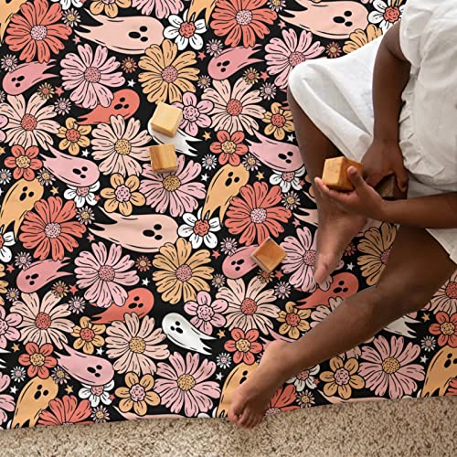 HawSkgFub Halloween Pink Floral Ghost Baby Blanket for Girls Gift Black, Fall Holiday Flower Flannel Fleece Nursery Bed Blankets, Soft Lightweight Newborn Infant Toddler Kids Crib Bedding 30 x 40