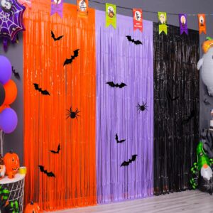 mega-l halloween foil fringe curtains, 3 pack orange purple black photo booth props, 18 pcs pvc bat and spider stickers decals wall decor, halloween backdrop for halloween party decoration