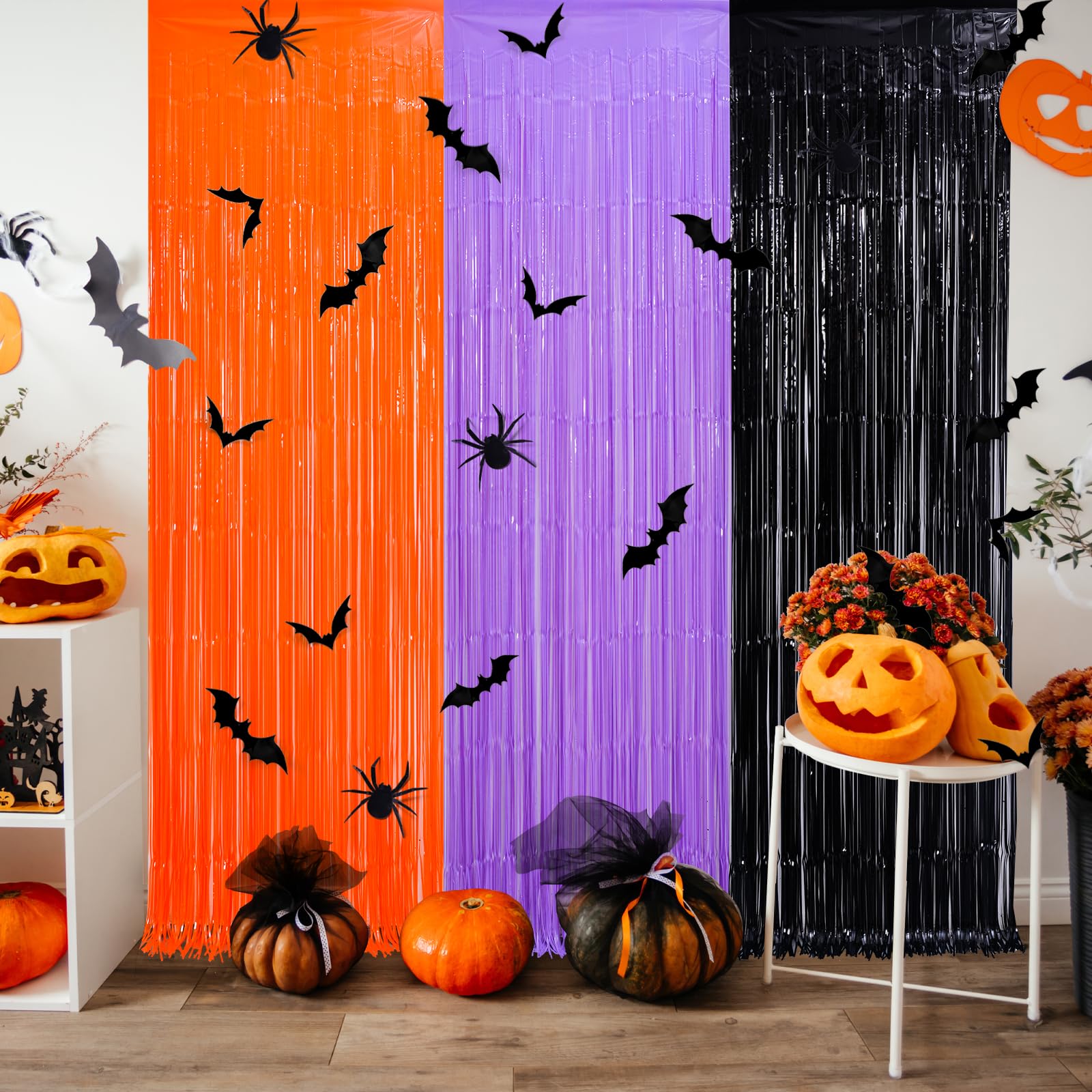 Mega-L Halloween Foil Fringe Curtains, 3 Pack Orange Purple Black Photo Booth Props, 18 Pcs PVC Bat and Spider Stickers Decals Wall Decor, Halloween Backdrop for Halloween Party Decoration