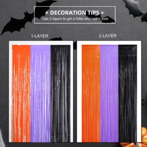 Mega-L Halloween Foil Fringe Curtains, 3 Pack Orange Purple Black Photo Booth Props, 18 Pcs PVC Bat and Spider Stickers Decals Wall Decor, Halloween Backdrop for Halloween Party Decoration