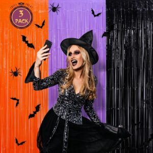 Mega-L Halloween Foil Fringe Curtains, 3 Pack Orange Purple Black Photo Booth Props, 18 Pcs PVC Bat and Spider Stickers Decals Wall Decor, Halloween Backdrop for Halloween Party Decoration