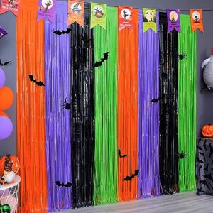 mega-l halloween party decorations, 2 packs orange purple black green photo booth props, 3.3 x 6.6 ft halloween foil fringe curtains with bats, photo backdrop streamers halloween party supplies