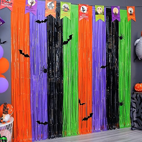 Mega-L Halloween Party Decorations, 2 Packs Orange Purple Black Green Photo Booth Props, 3.3 x 6.6 ft Halloween Foil Fringe Curtains with Bats, Photo Backdrop Streamers Halloween Party Supplies