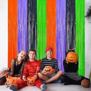 Mega-L Halloween Party Decorations, 2 Packs Orange Purple Black Green Photo Booth Props, 3.3 x 6.6 ft Halloween Foil Fringe Curtains with Bats, Photo Backdrop Streamers Halloween Party Supplies