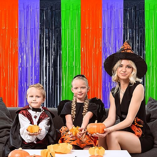 Mega-L Halloween Party Decorations, 2 Packs Orange Purple Black Green Photo Booth Props, 3.3 x 6.6 ft Halloween Foil Fringe Curtains with Bats, Photo Backdrop Streamers Halloween Party Supplies