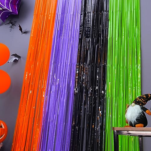 Mega-L Halloween Party Decorations, 2 Packs Orange Purple Black Green Photo Booth Props, 3.3 x 6.6 ft Halloween Foil Fringe Curtains with Bats, Photo Backdrop Streamers Halloween Party Supplies