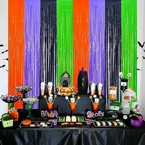 Mega-L Halloween Party Decorations, 2 Packs Orange Purple Black Green Photo Booth Props, 3.3 x 6.6 ft Halloween Foil Fringe Curtains with Bats, Photo Backdrop Streamers Halloween Party Supplies