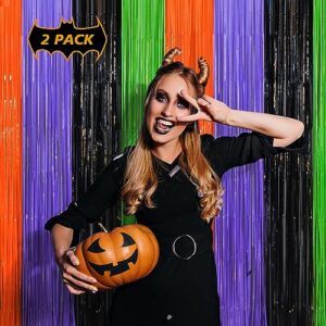 Mega-L Halloween Party Decorations, 2 Packs Orange Purple Black Green Photo Booth Props, 3.3 x 6.6 ft Halloween Foil Fringe Curtains with Bats, Photo Backdrop Streamers Halloween Party Supplies