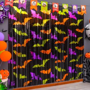 mega-l halloween party decorations 2 pack green orange purple bat pattern photo booth props, 3.3 x 6.6 ft halloween foil fringe curtains, halloween photo backdrop streamers halloween party supplies
