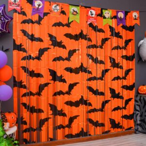mega-l halloween party decorations, 2 packs black bat pattern orange background photo booth props, 3.3 x 6.6 ft halloween foil fringe curtains, halloween photo backdrop streamers party supplies