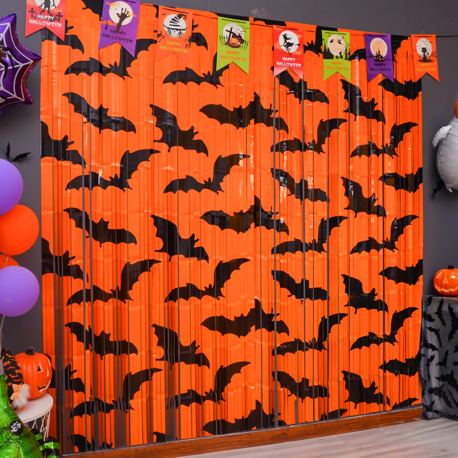 Mega-L Halloween Party Decorations, 2 Packs Black Bat Pattern Orange Background Photo Booth Props, 3.3 x 6.6 ft Halloween Foil Fringe Curtains, Halloween Photo Backdrop Streamers Party Supplies