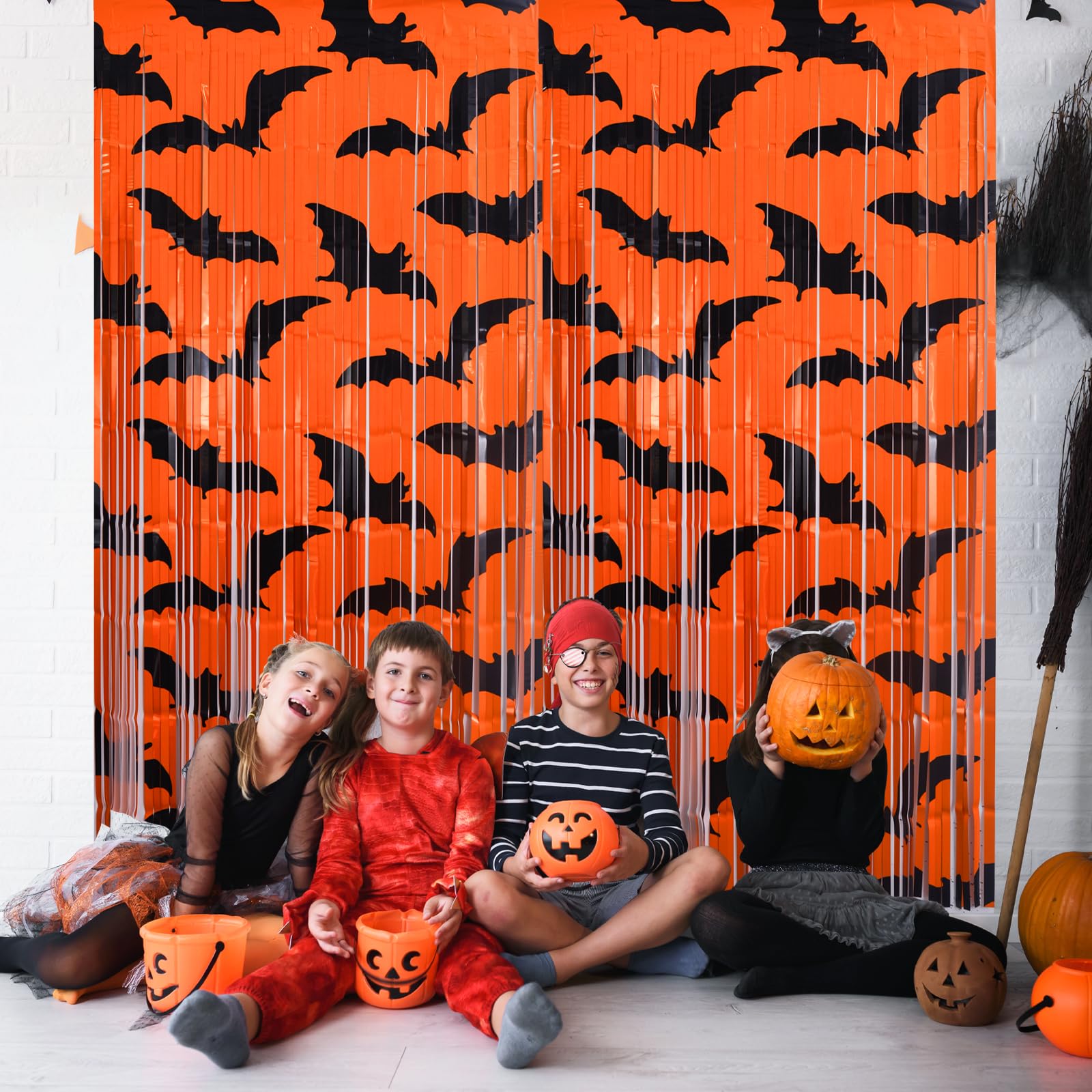 Mega-L Halloween Party Decorations, 2 Packs Black Bat Pattern Orange Background Photo Booth Props, 3.3 x 6.6 ft Halloween Foil Fringe Curtains, Halloween Photo Backdrop Streamers Party Supplies