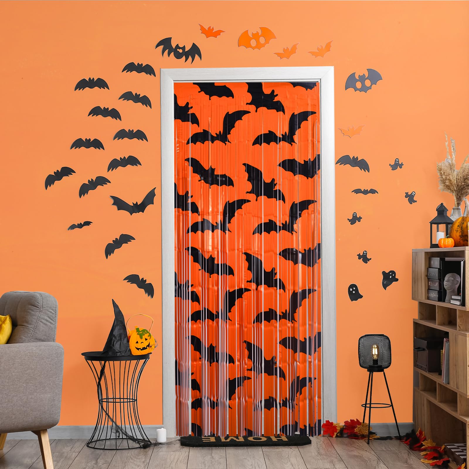 Mega-L Halloween Party Decorations, 2 Packs Black Bat Pattern Orange Background Photo Booth Props, 3.3 x 6.6 ft Halloween Foil Fringe Curtains, Halloween Photo Backdrop Streamers Party Supplies