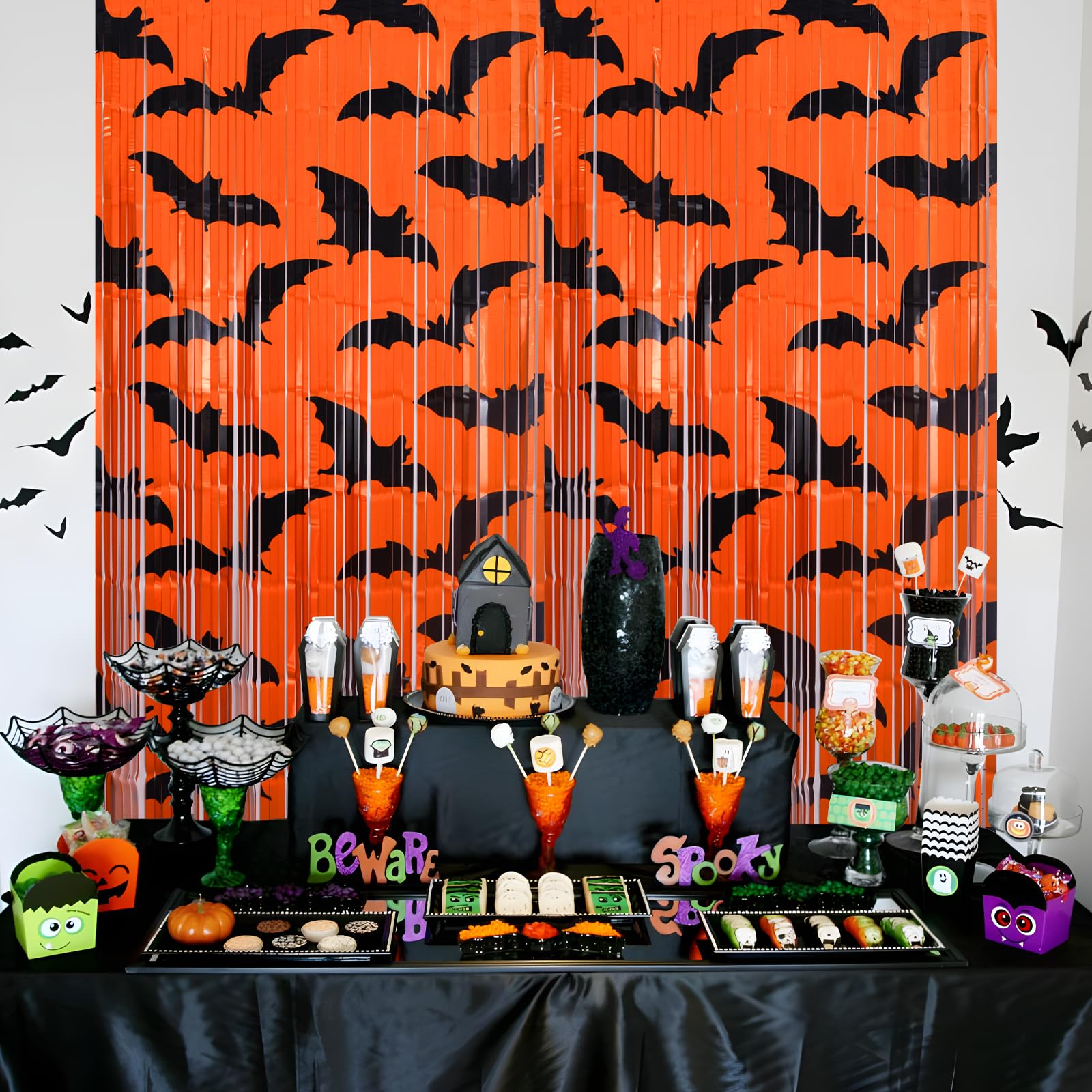Mega-L Halloween Party Decorations, 2 Packs Black Bat Pattern Orange Background Photo Booth Props, 3.3 x 6.6 ft Halloween Foil Fringe Curtains, Halloween Photo Backdrop Streamers Party Supplies