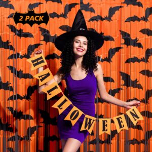 Mega-L Halloween Party Decorations, 2 Packs Black Bat Pattern Orange Background Photo Booth Props, 3.3 x 6.6 ft Halloween Foil Fringe Curtains, Halloween Photo Backdrop Streamers Party Supplies