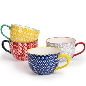 k kitchentour ceramic soup bowls with handle 24oz set of 4 - jumbo soup mugs for cereal tea milk - dishwasher & microwave safe - bohemian style
