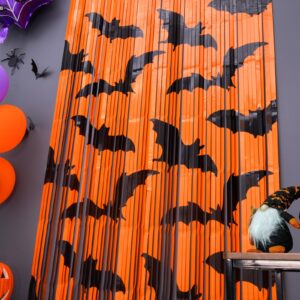 Mega-L Halloween Party Decorations, 2 Packs Black Bat Pattern Orange Background Photo Booth Props, 3.3 x 6.6 ft Halloween Foil Fringe Curtains, Halloween Photo Backdrop Streamers Party Supplies