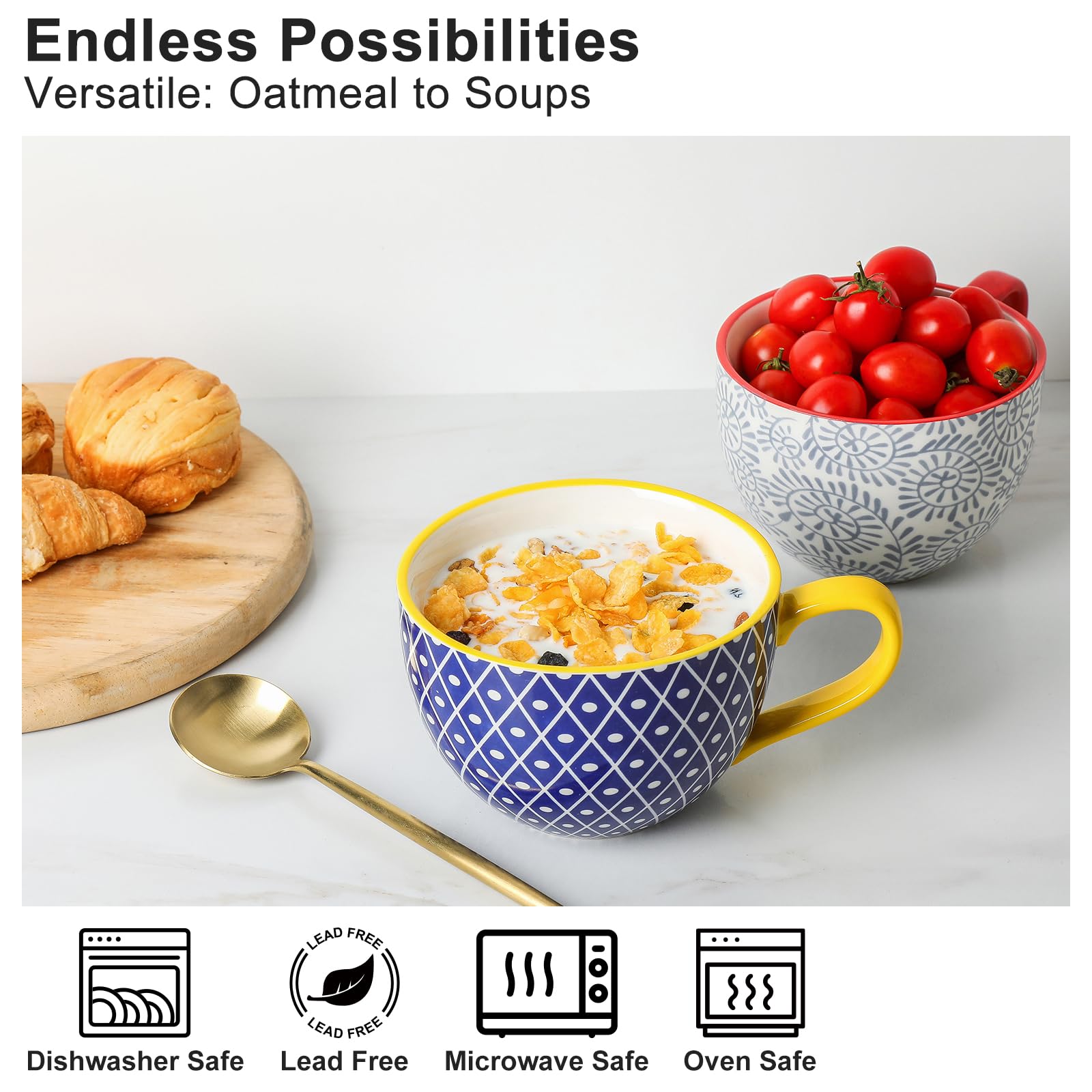 K KitchenTour Ceramic Soup Bowls with handle 24oz Set of 4 - Jumbo Soup Mugs for Cereal Tea Milk - Dishwasher & Microwave Safe - Bohemian Style