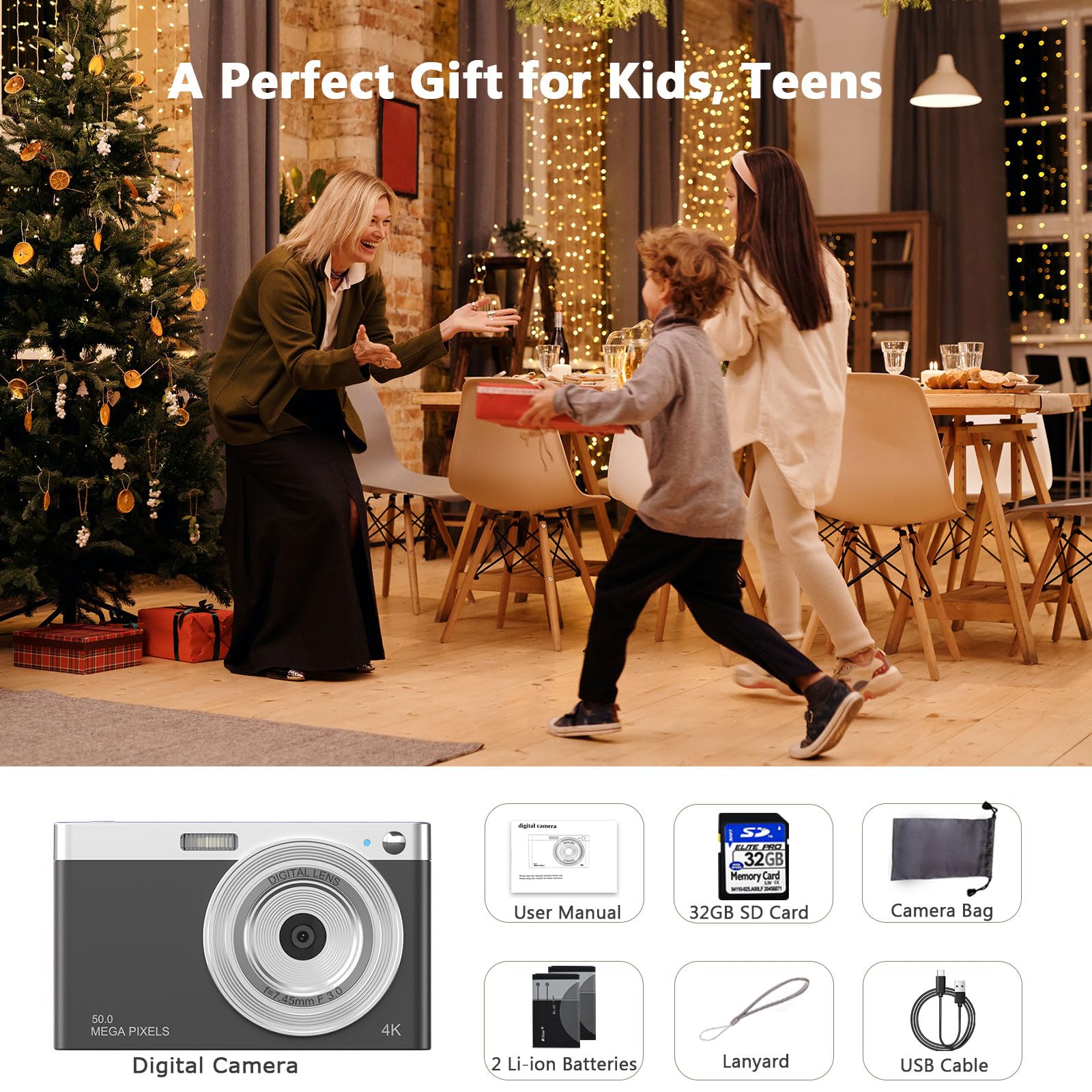 Digital Camera, Ordine 4K Kids Camera with 32GB SD Card Autofocus, 50MP Compact Video Camera 16X Digital Zoom Vlogging Camera for Kids Students Teens (White)