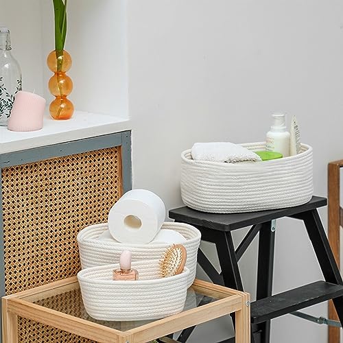 Oungy 3 PCS Rope Baskets Natural Cotton Rope Woven Baskets for Organizing Nursery Storage Basket Natural Woven Gift Basket Empty Soft Storage Baskets Cat Dog Toy Baskets, Off White