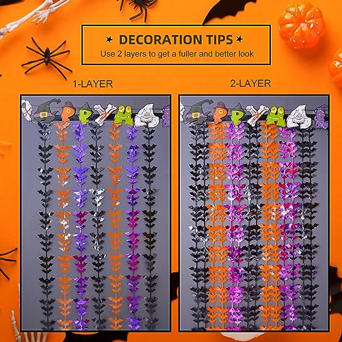 LOLStar Halloween Party Decoration, 2 Pack Black Orange and Purple Bat Photo Booth Props, 3.3 x 6.6 ft Halloween Foil Fringe Curtains, Halloween Photo Backdrop Streamers for Halloween Party Supplies