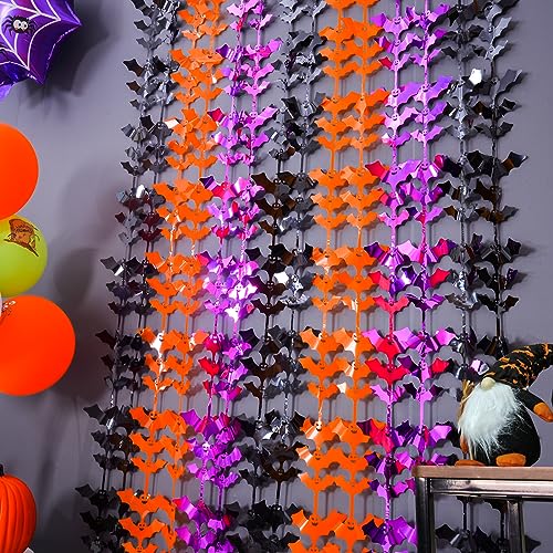 LOLStar Halloween Party Decoration, 2 Pack Black Orange and Purple Bat Photo Booth Props, 3.3 x 6.6 ft Halloween Foil Fringe Curtains, Halloween Photo Backdrop Streamers for Halloween Party Supplies