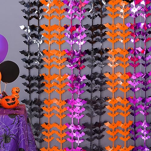 LOLStar Halloween Party Decoration, 2 Pack Black Orange and Purple Bat Photo Booth Props, 3.3 x 6.6 ft Halloween Foil Fringe Curtains, Halloween Photo Backdrop Streamers for Halloween Party Supplies