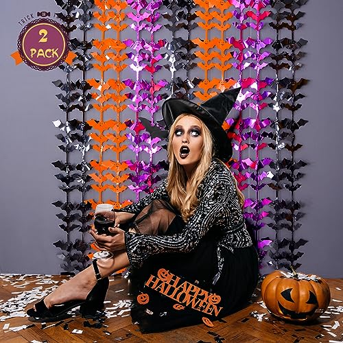 LOLStar Halloween Party Decoration, 2 Pack Black Orange and Purple Bat Photo Booth Props, 3.3 x 6.6 ft Halloween Foil Fringe Curtains, Halloween Photo Backdrop Streamers for Halloween Party Supplies