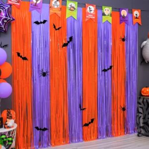 mega-l halloween party decorations, 2 packs orange purple photo booth props, 3.3 x 6.6 ft halloween foil fringe curtains with bats, photo backdrop streamers halloween party supplies