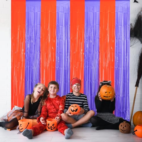 Mega-L Halloween Party Decorations, 2 Packs Orange Purple Photo Booth Props, 3.3 x 6.6 ft Halloween Foil Fringe Curtains with Bats, Photo Backdrop Streamers Halloween Party Supplies