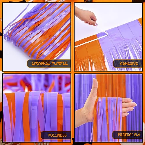 Mega-L Halloween Party Decorations, 2 Packs Orange Purple Photo Booth Props, 3.3 x 6.6 ft Halloween Foil Fringe Curtains with Bats, Photo Backdrop Streamers Halloween Party Supplies