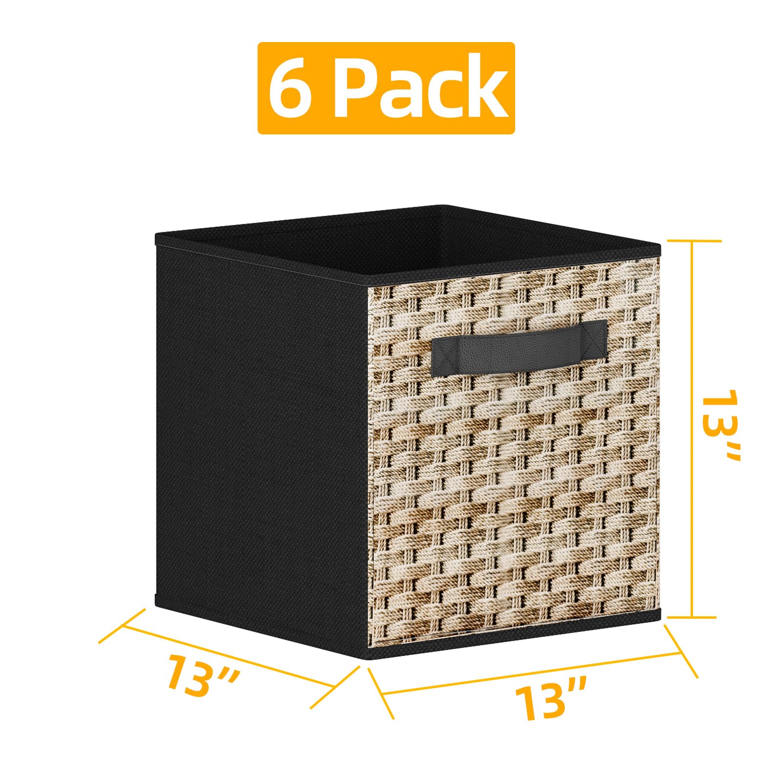 GILLAS 6 Pack Fabric Storage Cubes. 13 Inch Cube Storage Bins with Handle, Foldable Closet Organizers for Shelves, Storage Baskets for Shelves, Black, Large