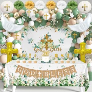 baptism party decorations mi bautizo party supplies first communion decor boys girls baby shower christening decorations god bless backdrop tablecloth banner balloons garland (baptism-01)