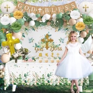 Baptism Party Decorations Mi Bautizo Party Supplies First Communion Decor Boys Girls Baby Shower Christening Decorations God Bless Backdrop Tablecloth Banner Balloons Garland (Baptism-01)