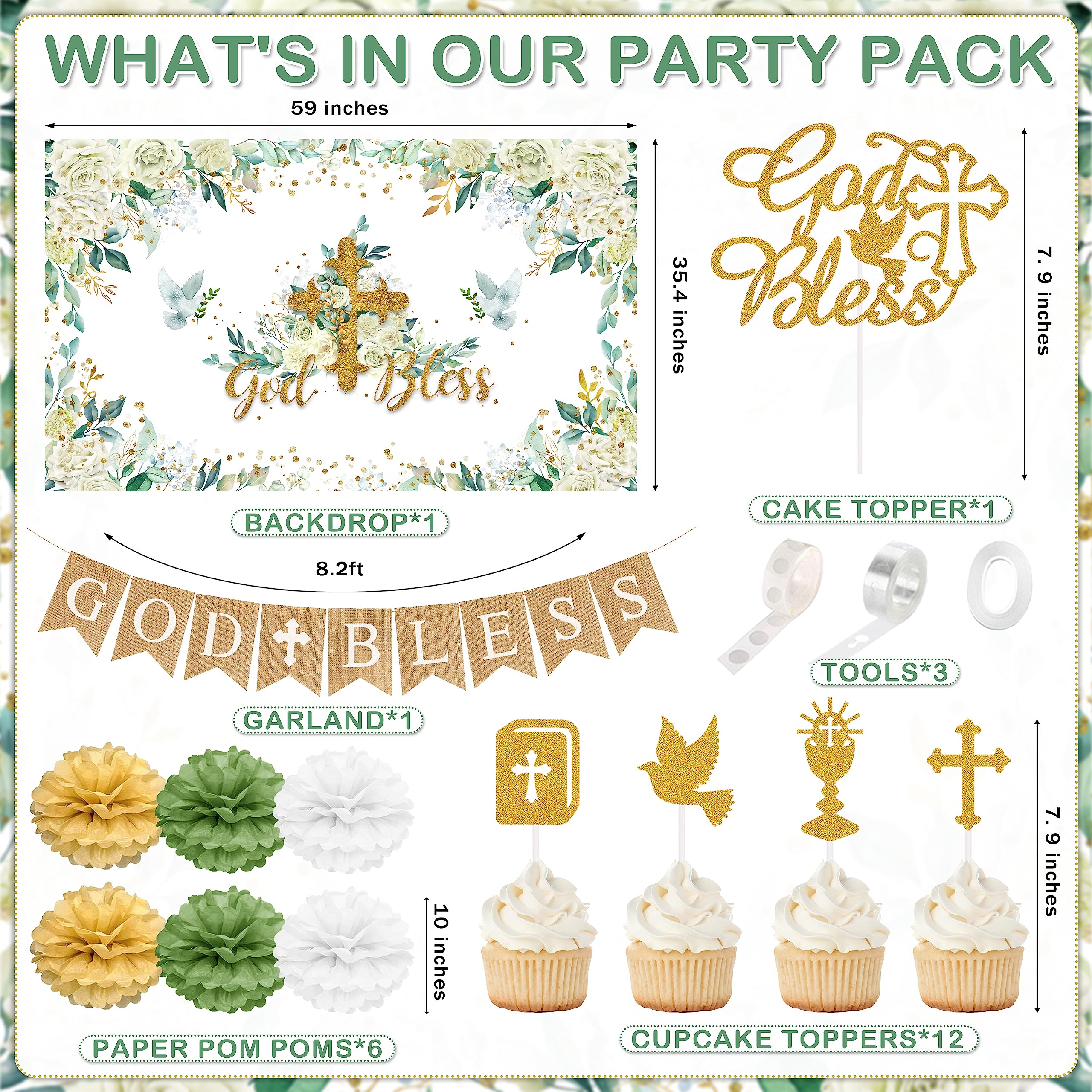 Baptism Party Decorations Mi Bautizo Party Supplies First Communion Decor Boys Girls Baby Shower Christening Decorations God Bless Backdrop Tablecloth Banner Balloons Garland (Baptism-01)