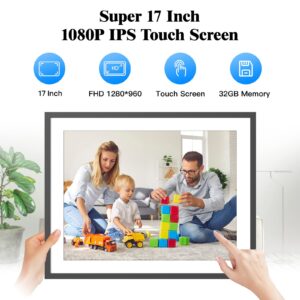 Large-Digital-Photo-Frame 32GB Electronic Photo Frame - 17-Inch Dual-WiFi Cloud Frame, FHD Touch Screen, Full Function, Auto-Rotate, Share Photos Video via App Email, Free Cloud, Gift for Grandparents
